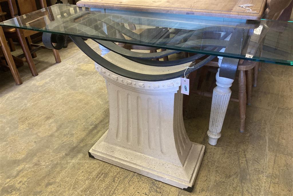 A contemporary composition wrought iron glass top console table, length 120cm, depth 40cm, height 75cm